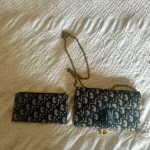 Dior Navy and Black Oblique Logo Chain Crossbody with Matching Wallet